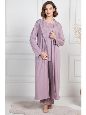 Mecit Pijama Mecit 6155 Gül Kurusu Kadın Büyük Beden Sabahlıklı Pijama Takımı