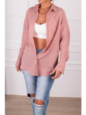 Armonika Kadın Gül Kurusu Oversize Dokulu Keten Görünümlü Geniş Manşetli Gömlek ARM-24K001001