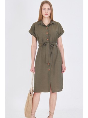 Armonika Kadın Haki Beli Kemerli Kısa Kol Gömlek Elbise ARM-25Y001065