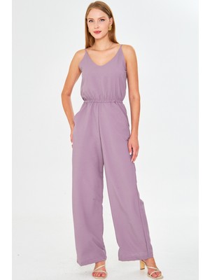 Armonika Kadın Lila Ön Arka V Yaka Askılı Beli Lastikli Cepli Astarlı Tulum ARM-24Y001100