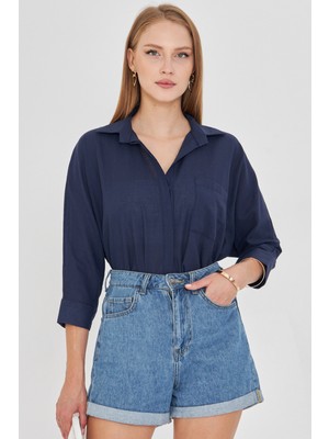 Armonika Kadın Lacivert Cepli Salaş Keten Gömlek ARM-21Y001035