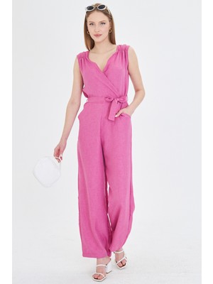 Armonika Kadın Pembe Kruvaze Yaka Omuzu Lastik Detaylı Sırtı V Kuşaklı Uzun Tulum ARM-24Y001049