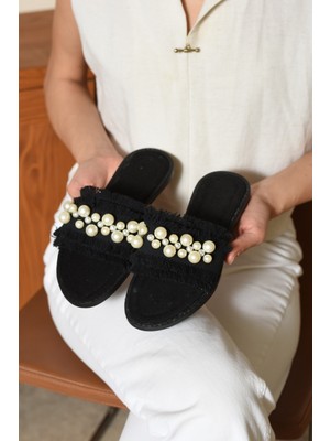 Dabab Shoes Mınoa Kadın Siyah Inci Detaylı Hasır Dokulu Animal Desenli Tek Bantlı Günlük Düz Terlik