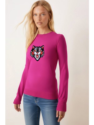 Armonika Kadın Fuşya Bisiklet Yaka Aplikeli Kazak ARM-26K136002