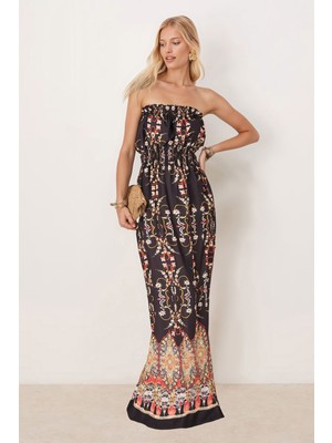 Armonika Kadın Sarı Robası Lastikli Straplez Yırtmaçlı Uzun Elbise ARM-25Y001105