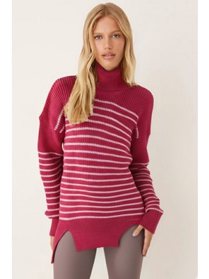 Armonika Kadın Fuşya Balıkçı Yaka Etek Ucu Yırtmaçlı Triko Kazak ARM-26K136047