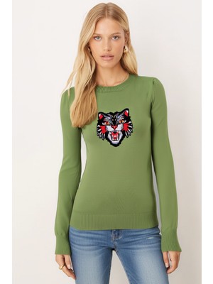 Armonika Kadın Açık Yeşil Bisiklet Yaka Aplikeli Kazak ARM-26K136002