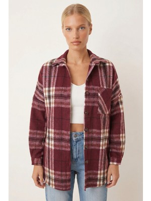 Armonika Kadın Açık Bordo Oversize Ekoseli Kaşe Cepli Oduncu Gömlek ARM-26K001089