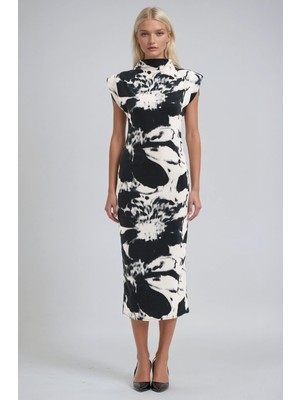 Lijuri Baskılı Dik Yaka Kolsuz Elbise 2951