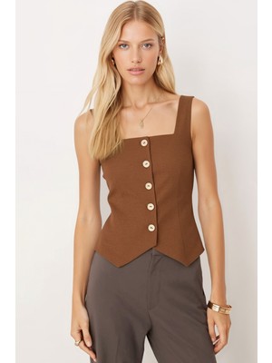 Armonika Kadın Kahverengi Kare Yaka Arkası Bağcık Detaylı Keten Görünümlü Yelek ARM-25Y001089