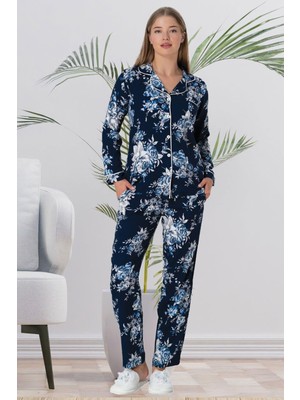 Mecit Pijama Mecit 5924 Çiçek Desenli Lacivert Boydan Düğmeli Kadın Pijama Takımı