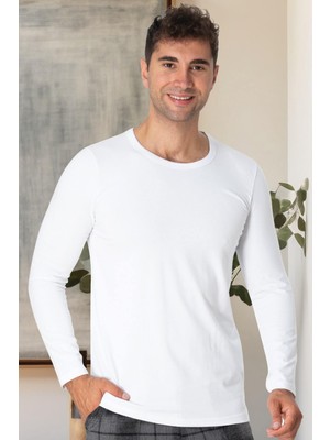 Mecit Pijama Mecit 2850 Beyaz Bisiklet Yaka Uzun Kollu Likralı Pamuk Erkek Tişört