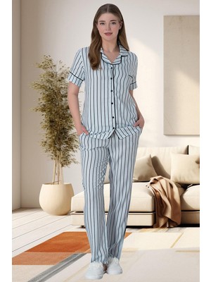 Mecit Pijama Mecit 6016 Mavi Çizgili Boydan Düğmeli Kadın Pijama Takımı
