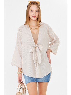 Armonika Kadın Bej Çizgili Önden Bağlamalı Kimono Gömlek ARM-25Y001085