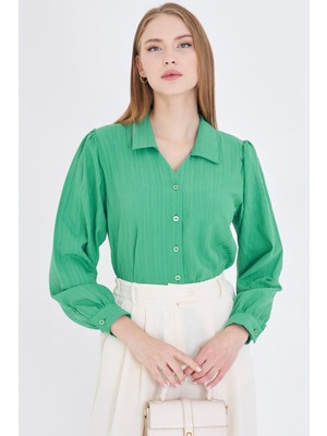Armonika Kadın Yeşil V Yaka Balon Kol Bürümcük Gömlek ARM-25K001088