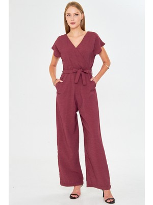 Armonika Kadın Bordo Kruvaze Yaka Sırtı V Detaylı Cepli Kuşaklı Bol Paça Tulum ARM-24Y001073