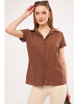 Armonika Kadın Kahve Kısa Kol Keten Gömlek ARM-24Y001038