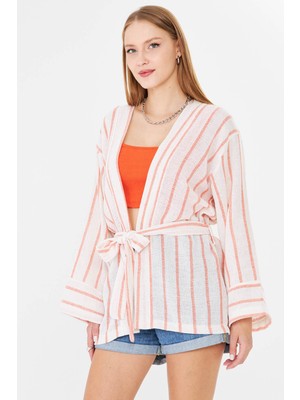 Armonika Kadın Turuncu-Beyaz Kemerli Kimono ARM-25Y001073