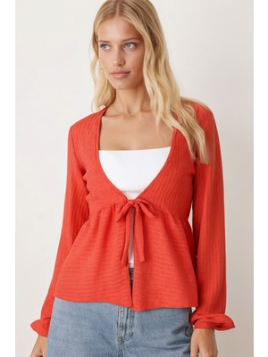 Armonika Kadın Oranj V Yaka Yumuşak Dokulu Önü Bağlamalı Kolları Lastikli Triko Hırka ARM-26K001010