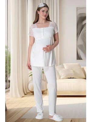 Mecit Pijama Mecit 6010 Ekru Dantelli Hamile Lohusa Pijama Takımı