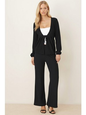 Armonika Kadın Siyah V Yaka Yumuşak Dokulu Önü Bağlamalı Likralı Pantolonlu Ikili Takım ARM-26K001002