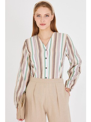 Armonika Kadın Bej Bürümcük Gömlek Uzun Kol Pamuk-Polyester Günlük Çizgili Stil ARM-24K001002