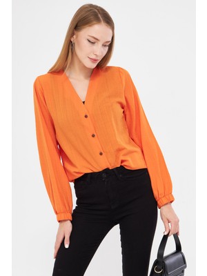 Armonika Kadın Turuncu Kolu Lastikli Bürümcük Gömlek ARM-24K001002