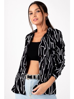 Armonika Kadın Gri Çizgi Desen Uzun Kol Gömlek ARM-20Y001002