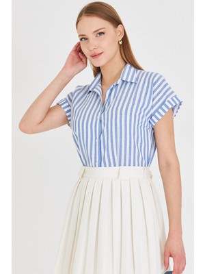 Armonika Kadın Mavi Ince Çizgili Kısa Kol Gömlek ARM-21K001188