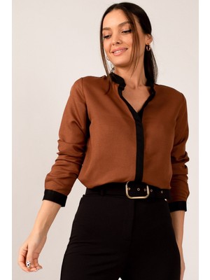 Armonika Kadın Kahve Önü Şeritli Gömlek ARM-18K001255