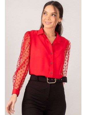 Armonika Kadın Kırmızı Kolları Tül Gömlek ARM-20K001068