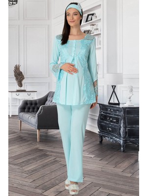 Mecit Pijama Mecit 5015 Dantelli Turkuaz Lohusa Pjama Takımı