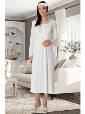 Mecit Pijama Mecit 5343 Dantelli Ekru Hamile Lohusa Gecelik