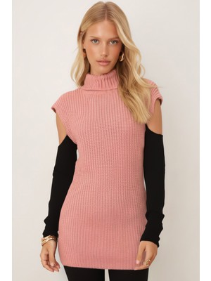 Armonika Kadın Pudra Balıkçı Yaka Kolları Dekolteli Triko Kazak ARM-26K136015