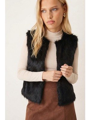 Armonika Kadın Siyah Astarlı Kürk Yelek