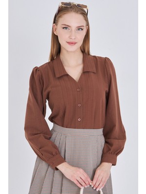 Armonika Kadın Açık Kahve V Yaka Balon Kol Bürümcük Gömlek ARM-25K001088
