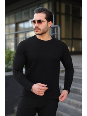 Comstar Erkek Siyah Kazak Bisiklet Yaka Slim Fit Düz Desen Günlük Stil