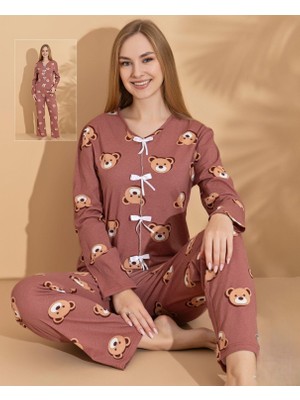 Ayıcık Desenli Fiyonk Detaylı Kadın Pijama Takımı – Kahverengi