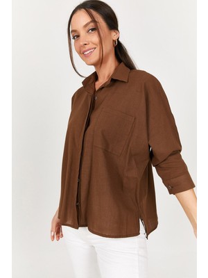 Armonika Kadın Kahve Cepli Salaş Keten Gömlek ARM-21Y001035