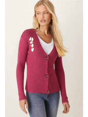 Armonika Kadın Fuşya Ayna Işlemeli Düğmeli Triko Hırka ARM-26K136056