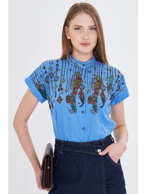 Armonika Kadın Mavi Hakim Yaka Kısa Kollu Gömlek ARM-25Y001040