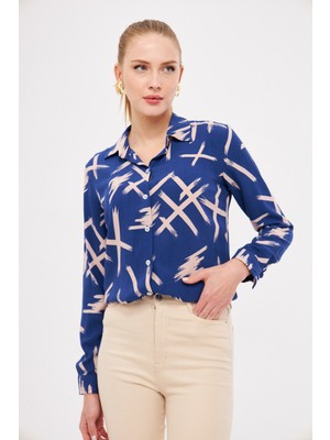 Armonika Kadın Lacivert Desenli Uzun Kol Gömlek ARM-25K001040