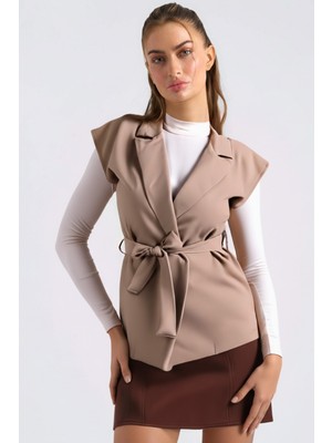 Armonika Kadın Vizon Erkek Yaka Beli Kuşaklı Keten Görünümlü Yelek ARM-25Y001079