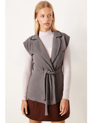 Armonika Kadın Vizon Erkek Yaka Beli Kuşaklı Keten Görünümlü Yelek ARM-26K001055