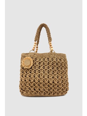 Wuclo Lomin Ahşap Boncuk ve Çiçek Detaylı %100 El Yapımı Hasır El, Kol ve Omuz Çantası