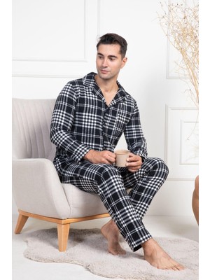 Mecit Pijama Mecit 2950 Beyaz Ekoseli Büyük Beden Kışlık Erkek Pijama Takımı