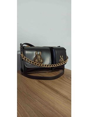 Matruşka Deri Sanat Tasarım Siyah El ve Kol Çantası (Sincap Aksesuarlı)