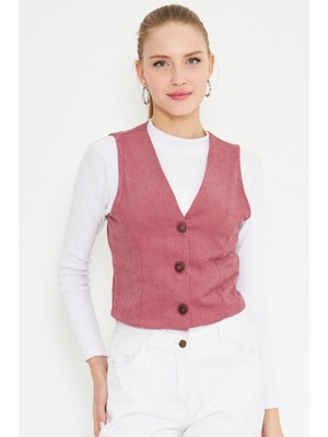 Armonika Kadın Gül Kurusu V Yaka Ince Fitilli Kadife Yelek ARM-25K001008