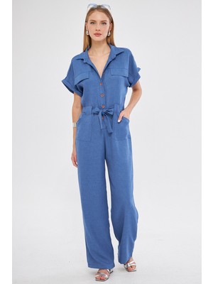 Armonika Kadın Koyu Mavi Önden Düğmeli Beli Kuşaklı Cepli Yarasa Kol Palazzo Tulum ARM-24Y001105