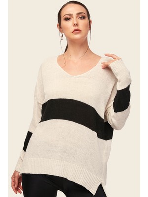 Armonika Kadın Ekru V Yaka Iki Renkli Önü Kısa Arkası Uzun Triko Kazak ARM-25K012014